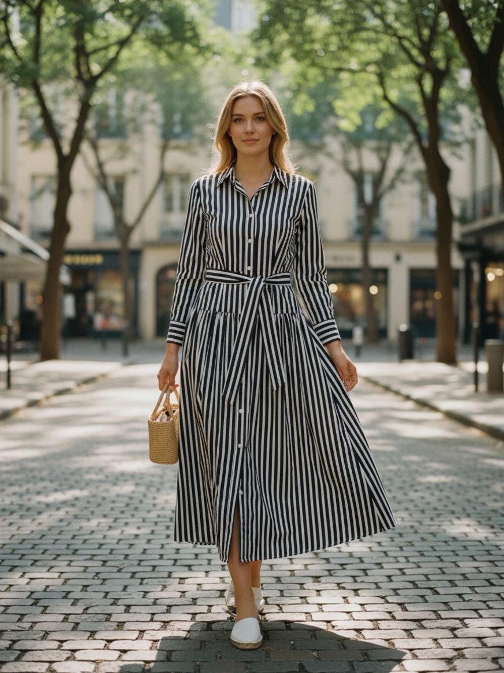 Free Assembly Striped Button Front Shirt Dress Size XS Black White Belted Midi